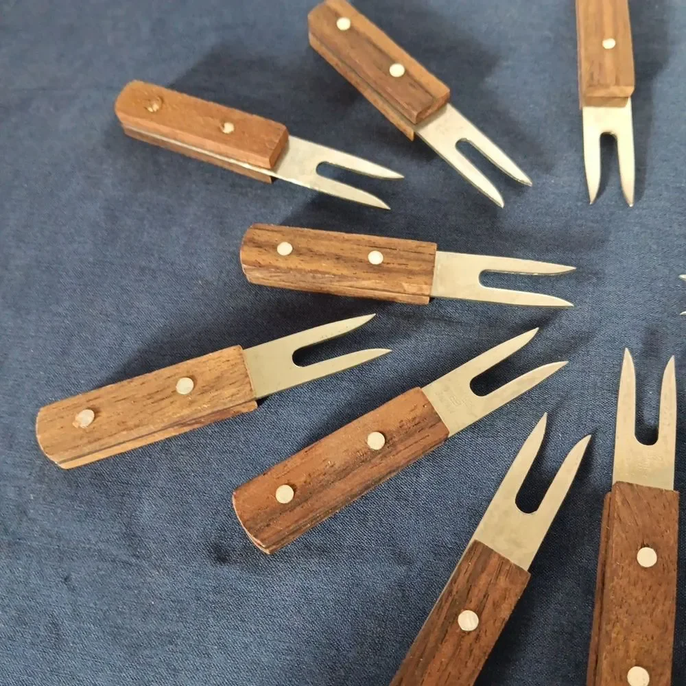 Vintage MCM Japan Stainless Steel Corn Cob Appetizer Forks Hardwood Handles Lot